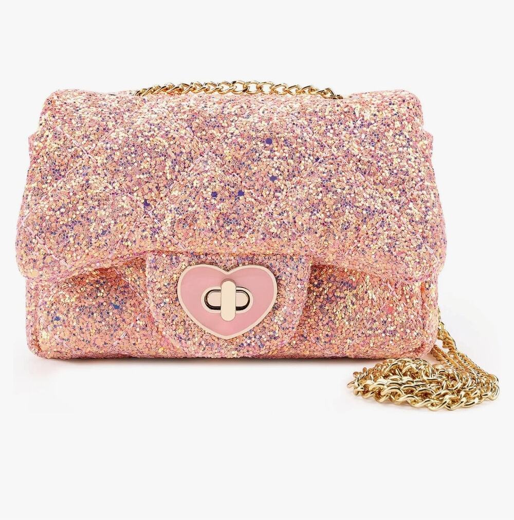 Mibasies Trendy Pink Quilted Glitter sparkle mini bag with chain